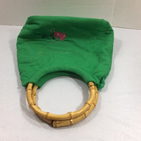 Class Bags By Karen Krautter Green Cotton Floral Wooden Handle Hand Bag - Picture 2 of 10